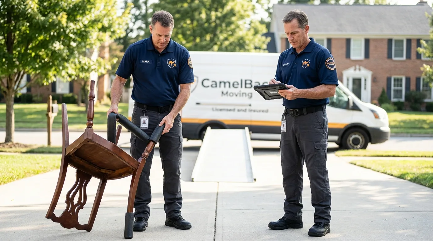 Movers inspecting furniture for damage prevention before loading in Everett, MA